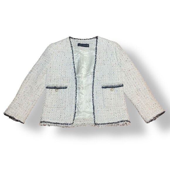 Zara Tweed Jacket Blazer Women XS Sequins Cream White Classic Smart Bloggers Fav - Picture 5 of 9